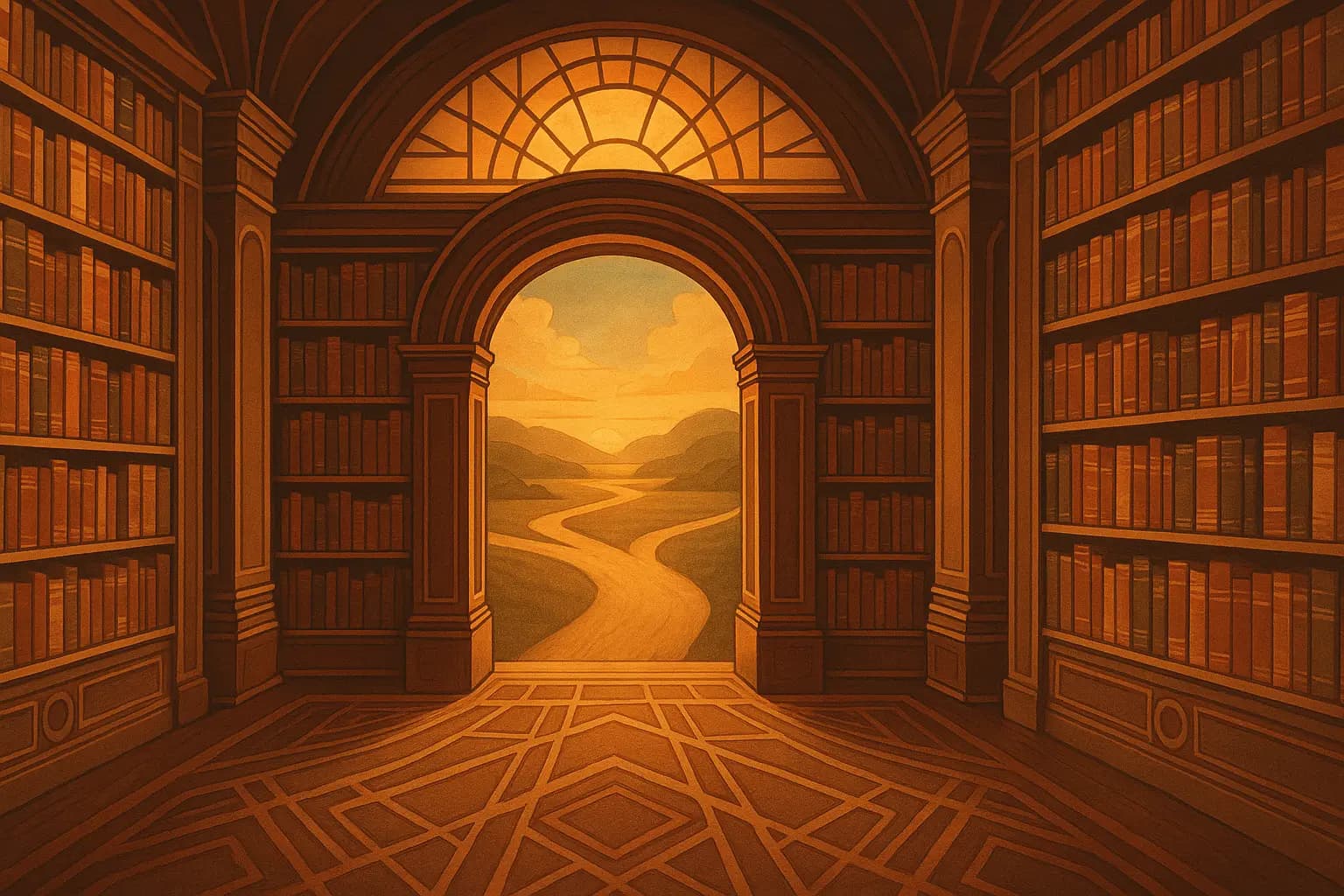 Divergent paths leading to and from a library